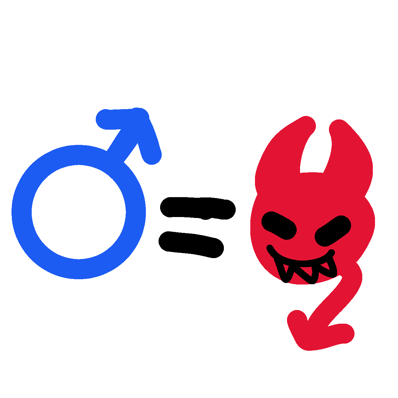 on the left is a blue mars symbol. On the right is a red imp with a toothy, sinister smile. Between the two is a black equals sign.>
          <figcaption>
            <span class=